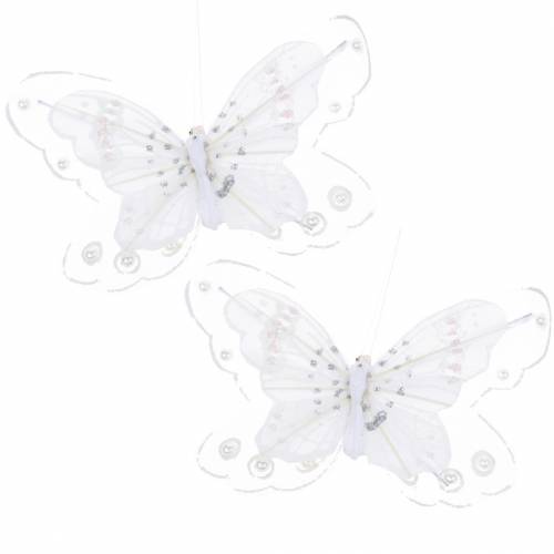 Veer vlinder op clip wit 10cm 12 st