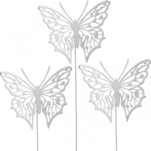 Bloemsteker vlinder, tuindecoratie metaal, plantplug shabby chic wit, zilver L51cm 3st