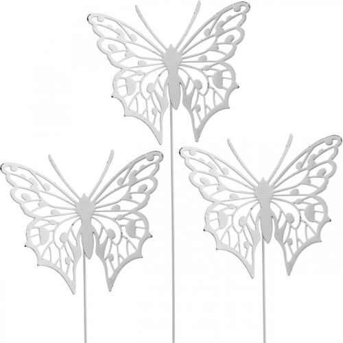 Floristik24 Bloemsteker vlinder, tuindecoratie metaal, plantplug shabby chic wit, zilver L51cm 3st