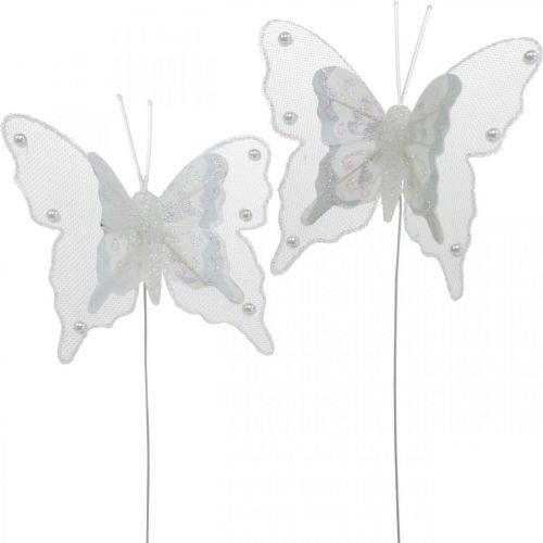 Floristik24 Vlinders met parels en mica, huwelijksdecoratie, verenvlinder op witte draad