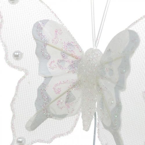 Floristik24 Vlinders met parels en mica, huwelijksdecoratie, verenvlinder op witte draad