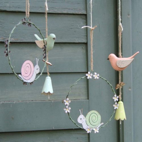 Floristik24 Sierring met slak, veerdecoratie, metaaldecoratie groen/roze Ø14.5cm set van 2