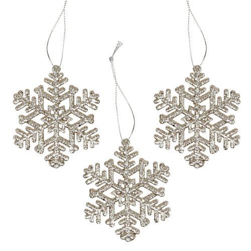 Floristik24 Sneeuwvlok om op te hangen, kerstversiering, decoratieve ijskristal champagne met glitter 12st