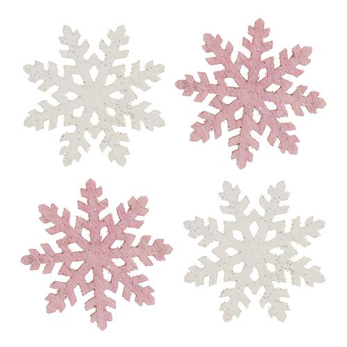 Artikel Sneeuwvlok 4cm roze/wit met glitters 72 st