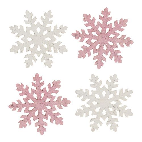 Artikel Sneeuwvlok 4cm roze/wit met glitters 72st