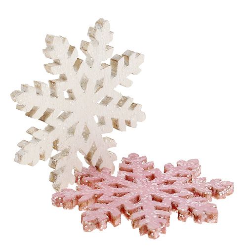 Artikel Sneeuwvlok 4cm roze/wit met glitters 72 st