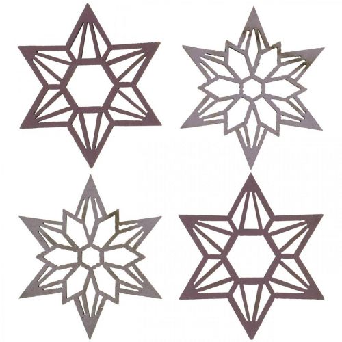 Decoratie sterren paars houten sterren sneeuwvlokken zelfklevend 4cm mix 36st