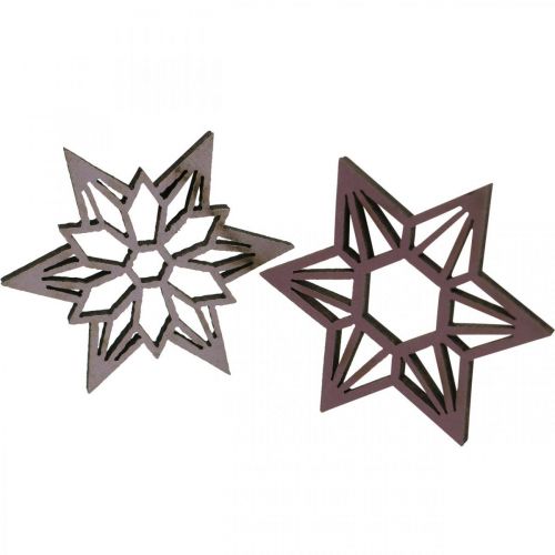 Artikel Decoratie sterren paars houten sterren sneeuwvlokken zelfklevend 4cm mix 36st