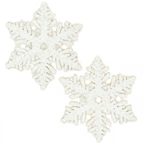 Sneeuwvlokken hout 4cm wit met mica 72 st