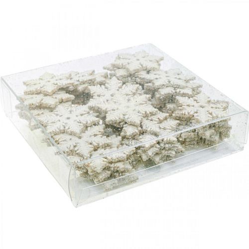 Artikel Sneeuwvlokken hout 4cm wit met mica 72 st