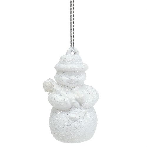 Artikel Sneeuwpop wit met mica als hanger 4,5cm 12st