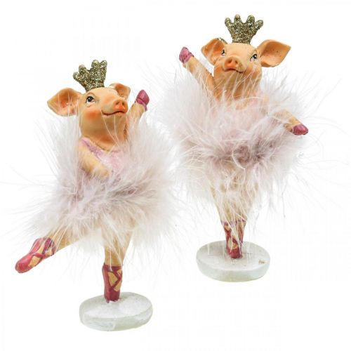 Floristik24 Decoratief varken met kroon ballerina figuur roze 12,5cm 2st