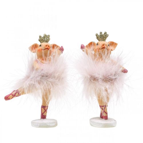 Floristik24 Decoratief varken met kroon ballerina figuur roze 12,5cm 2st