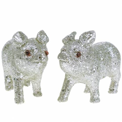 Floristik24 Decoratief varken glitter zilver 10cm 8st