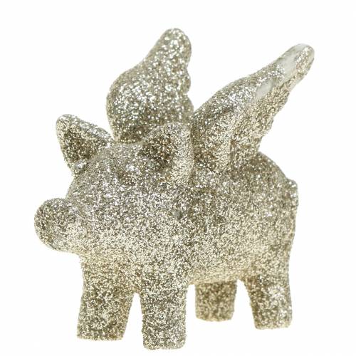 Decoratief varken met vleugels goud mica 6cm