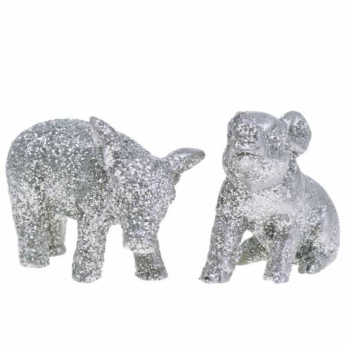 Decoratief varken Nieuwjaarsdecoratie zilver glitter 3,5cm 2st