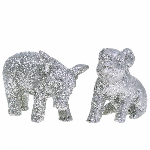 Artikel Decoratief varken oudejaarsdecoratie zilver glitter 3,5 cm 2st