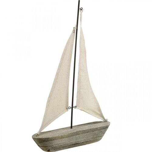 Zeilboot, boot gemaakt van hout, maritieme decoratie shabby chic natuurlijke kleuren, wit H37cm L24cm