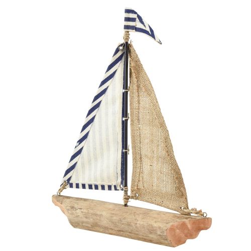 Artikel Decoratief zeilschip met blauw en wit zeil en jute H42cm