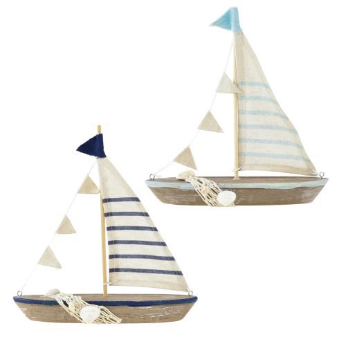 Decoratieve scheepshouten zeilboot vintage met schelpen H22cm 2st