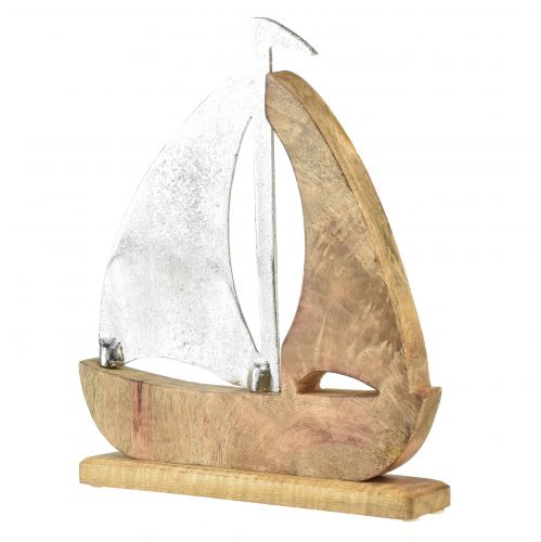 Artikel Zeilschip decoratie naturel zilver mangohout 25,5x4x28,5cm