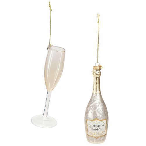 Artikel Champagnefles en glas, boomdecoraties, jubileum, glasdecoraties om op te hangen, oudejaarsavond H14.5cm echt glas set van 2