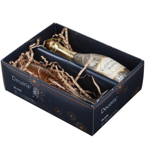 Artikel Champagnefles en glas, boomdecoraties, jubileum, glasdecoraties om op te hangen, oudejaarsavond H14.5cm echt glas set van 2
