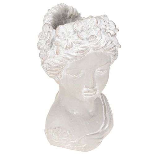 Beeldhouwwerk vrouwenbuste gegoten stenen plantenbak grijs antiek 15×14×25cm