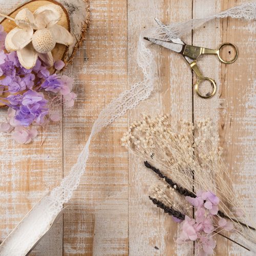 Decoratief katoenen lint met kantpatroon op een rol, geschikt voor knutselprojecten en decoratie, 25 mm breed, 10 m lang. | Floristik24.nl