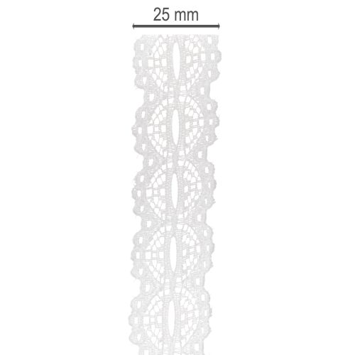 Decoratief katoenen lint met kantpatroon op een rol, geschikt voor knutselprojecten en decoratie, 25 mm breed, 10 m lang. | Floristik24.nl