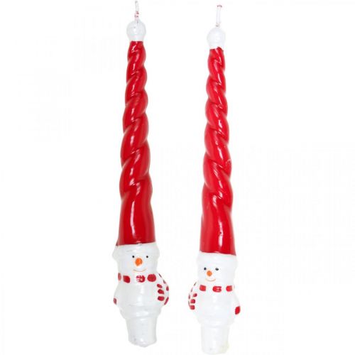 Taps toelopende sneeuwpop kaars kerst rood 26cm 2st