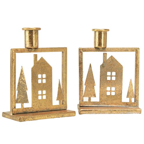 Artikel Stokkandelaar Kersthuis antiek goudlook 10×6×14cm 2st