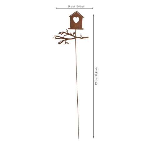 Vogelhuisje op een roestige tuinpaal met hartje en tak, 100 cm. | Floristik24.nl