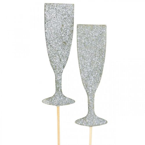 Artikel Oud en Nieuw decoratie champagne glas zilver bloem plug 9cm 18st