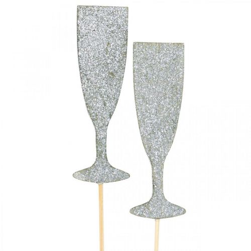 Oudjaarsdecoratie champagneglas zilveren bloempluggen 9cm 18 st