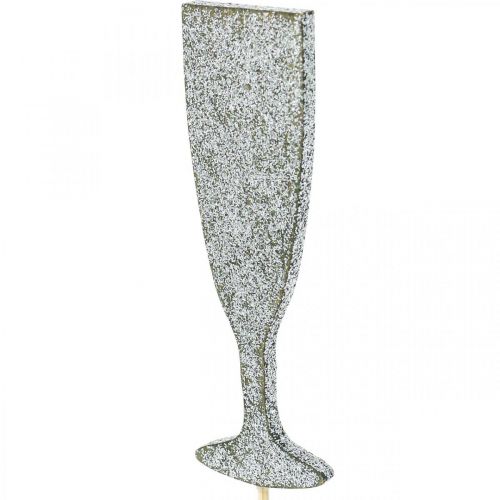 Oudejaarsavond decoratie champagne glas zilveren bloem plug 9cm 18st