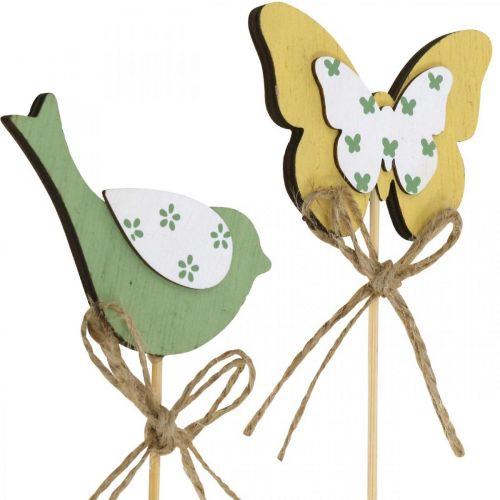 Artikel Plug vogel vlinder, hout decoratie, plant plug lente decoratie groen, geel L24/25cm 12st