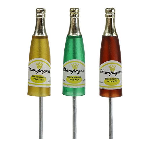 Floristik24 Plug champagneflessen bruin, groen, geel 7.5cm L28.5cm 12st