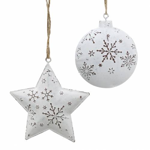 Floristik24 Decoratieve hanger ster en kerstboom bal met sneeuwvlokken metaal wit Ø9,5 / 7,6cm H10 / 9,2cm 4st