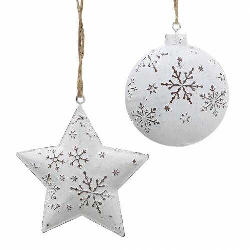 Decoratieve hanger ster en kerstboom bal met sneeuwvlokken metaal wit Ø9,5 / 7,6cm H10 / 9,2cm 4st