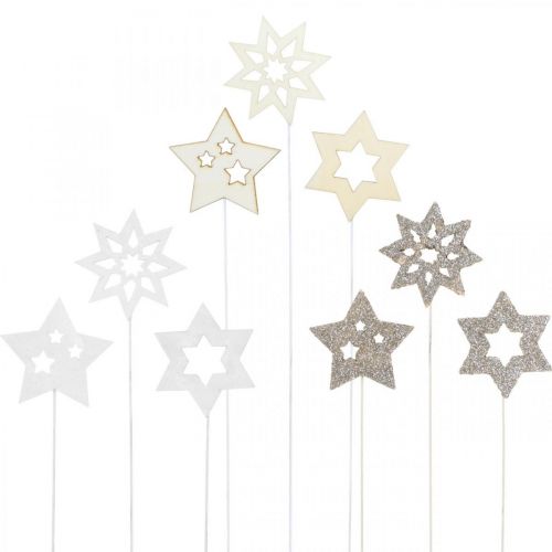 Floristik24 Bloemplug sterren, advent, bloemdecoratie, houten sterren naturel, wit, gouden glitter L27/28,5cm 18 stuks