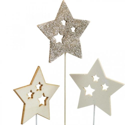 Artikel Bloemsteker sterren, advent, bloemdecoratie, houten sterren natuur, wit, goud glitter L27 / 28.5cm 18st