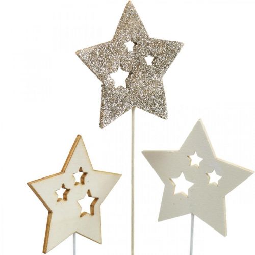 Floristik24 Bloemplug sterren, advent, bloemdecoratie, houten sterren naturel, wit, gouden glitter L27/28,5cm 18 stuks