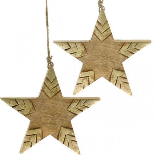 Artikel Ster mangohout naturel, gouden houten ster groot om op te hangen 25cm 2st