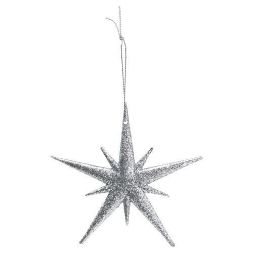 Artikel Glitter ster om op te hangen zilver 13cm 12st