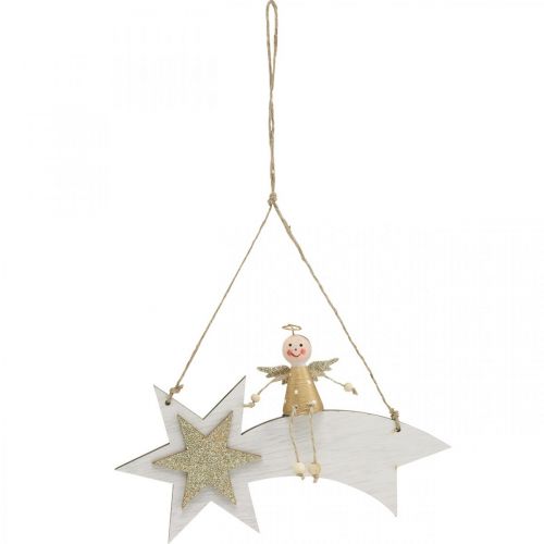 Artikel Engel op vallende ster, Kerstdecoratie om op te hangen, Advent Wit, Gouden H13cm B21.5cm 2st