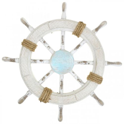 Floristik24 Maritieme decoratie, houten stuurwiel naturel, blauw en wit shabby chic Ø35cm