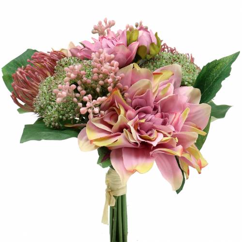 Artikel Boeket dahlia en protea, zijden bloemen, zomerdecoratie L25cm