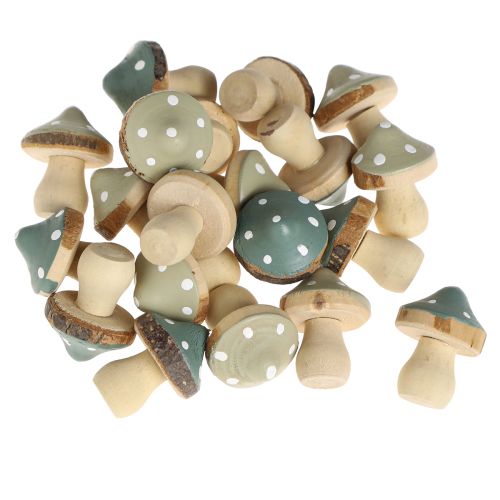 Artikel Strooidecoratie hout mini paddestoelen decoratieve vliegenzwammen groen Ø2,5cm 24 st