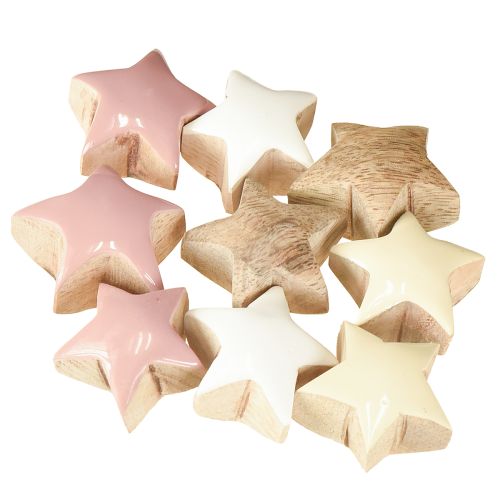 Artikel Strooidecoratie sterren houten sterren roze wit geel Ø3cm 9 stuks